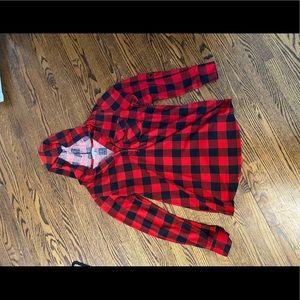 Red hooded plaid shirt